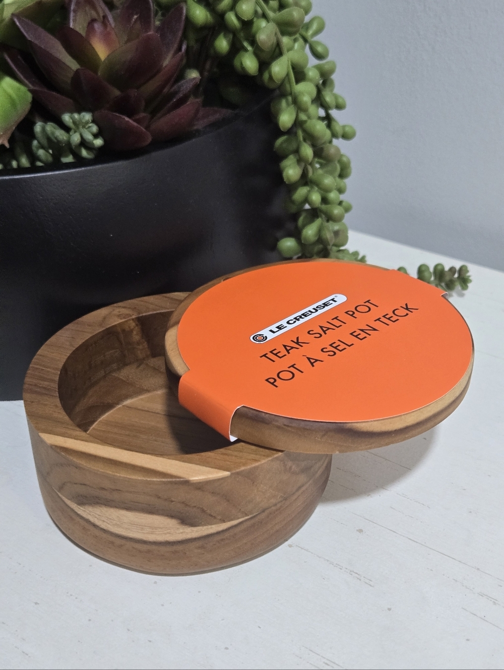Teak Wood Salt Pot Crock Cellar Spice Box Le Creuset NEW With Tag